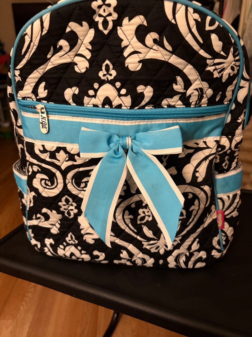 N. Gil Quilted Damask Mini Backpack with Blue Bow Detail